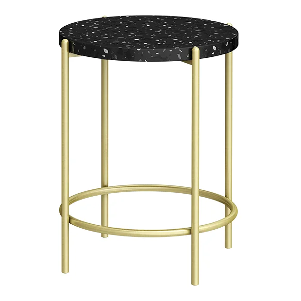 Arezzo Black Terrazzo Round Bathroom Side Bath Table With Brushed Brass Frame 2 Arezzo Black Terrazzo Round Bathroom Side Bath Table With Brushed Brass Frame - Image 2