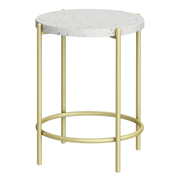 Arezzo White Terrazzo Round Bathroom Side Bath Table With Brushed Brass Frame 2 Arezzo White Terrazzo Round Bathroom Side Bath Table With Brushed Brass Frame - Image 2