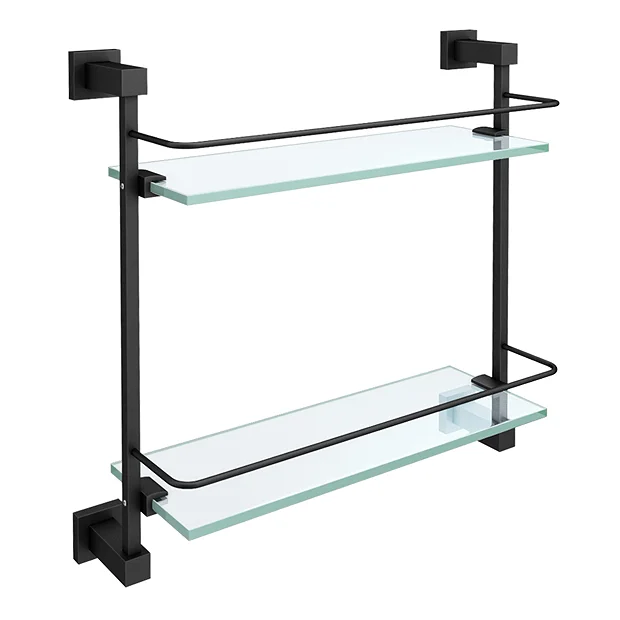 Arezzo Matt Black Modern Double Glass Shelf 1 Arezzo Matt Black Modern Double Glass Shelf