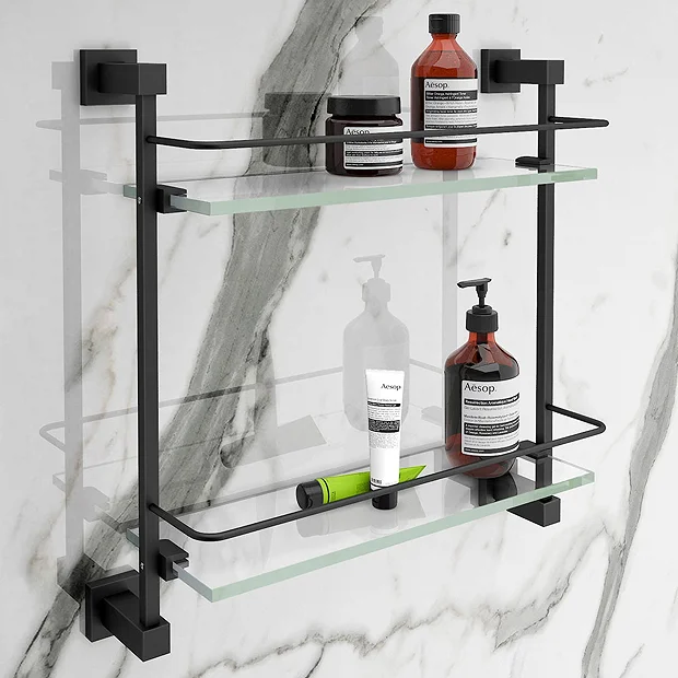 Arezzo Matt Black Modern Double Glass Shelf 2 Arezzo Matt Black Modern Double Glass Shelf - Image 2